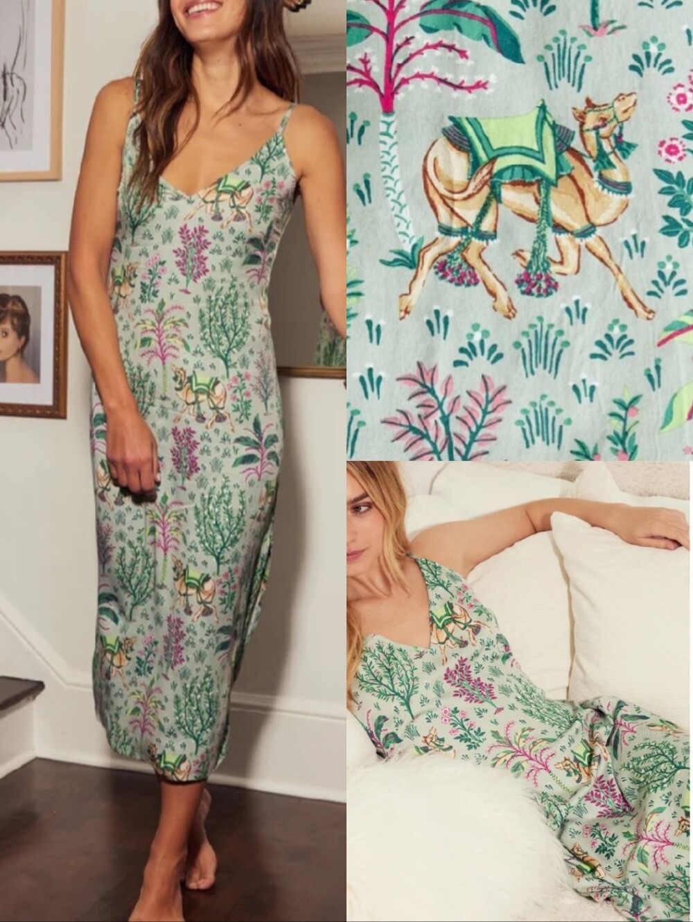 PrintFresh Eco Satin Chic to Sleep Nightie Dress Camel's Courtyard Sz XS Cute